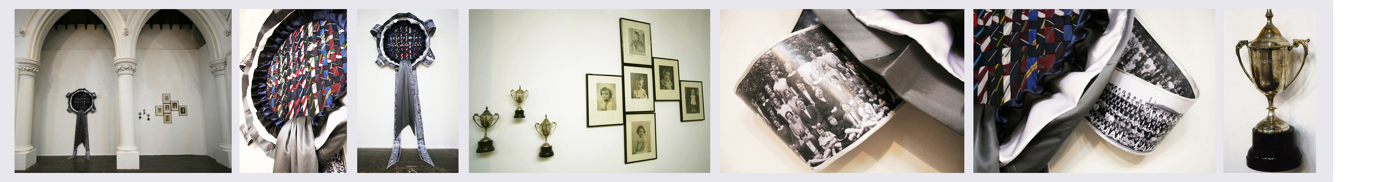 Guinevere  (Life's A Lottery)  (2007)   (Dimensions variable)   Old school ties  /  silk  /  old school photographs  /  found studio baby photographs  /  engraved trophy cups.