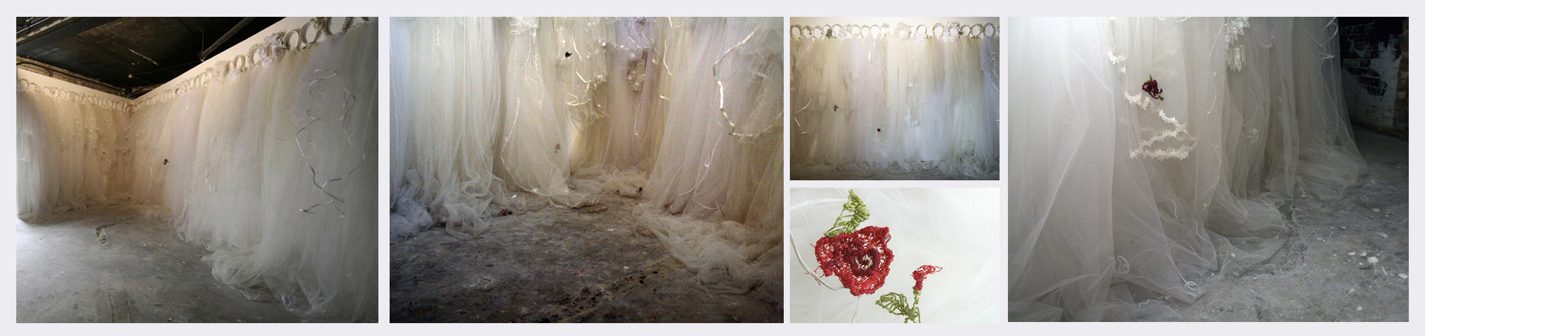 Take  (2006)   (163cm (h) x 2400cm (l))   One hundred used veils  /  embroidery  / crowns.