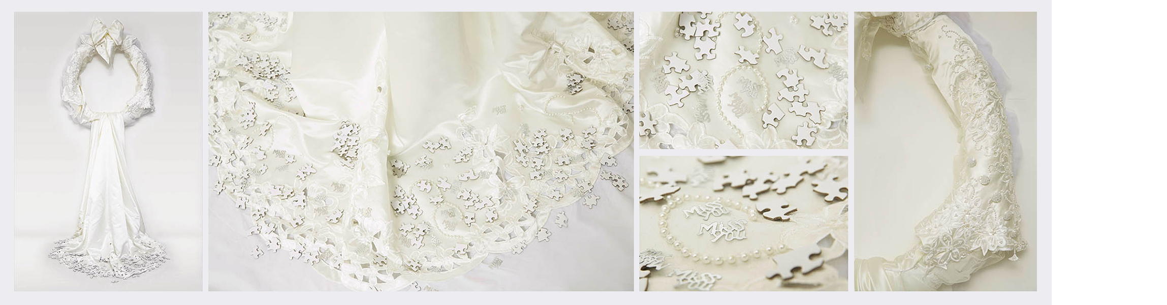 Bits & Pieces  (2015)   (186cm x 75cm)   Deconstructed wedding dress  /  blank jigsaw pieces  /  padded hoop.
