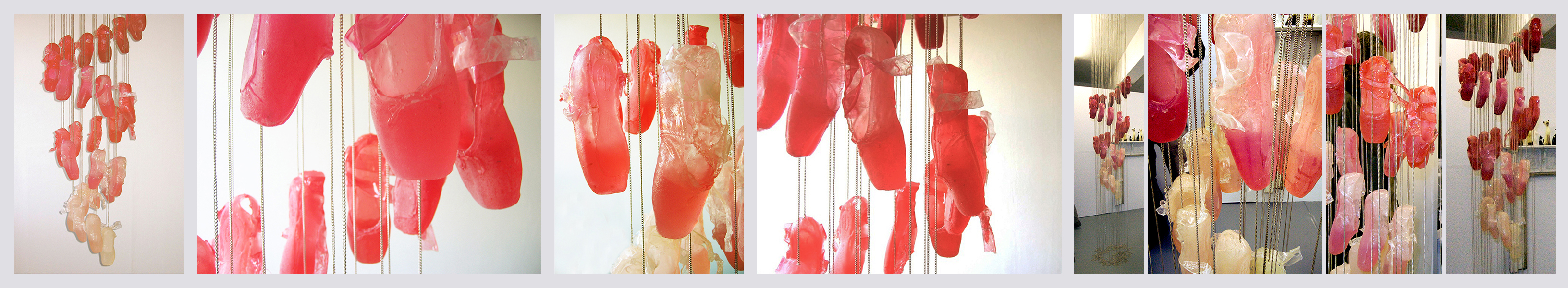 Sole  (2006)   (60cm (w) x 700cm (l))   Twenty-eight glass wax ballet slippers  /  chain. 