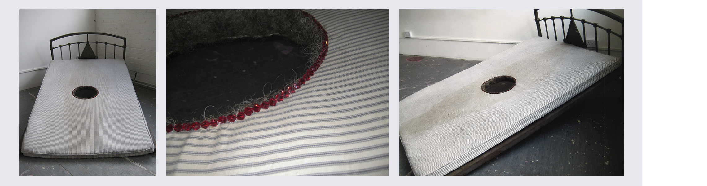 Birth Of A Ghost  (2007)   (186cm x 122cm)   Iron bed frame  /  French ticking  /  Swarovski crystals  /  horse hair  /  fluid.